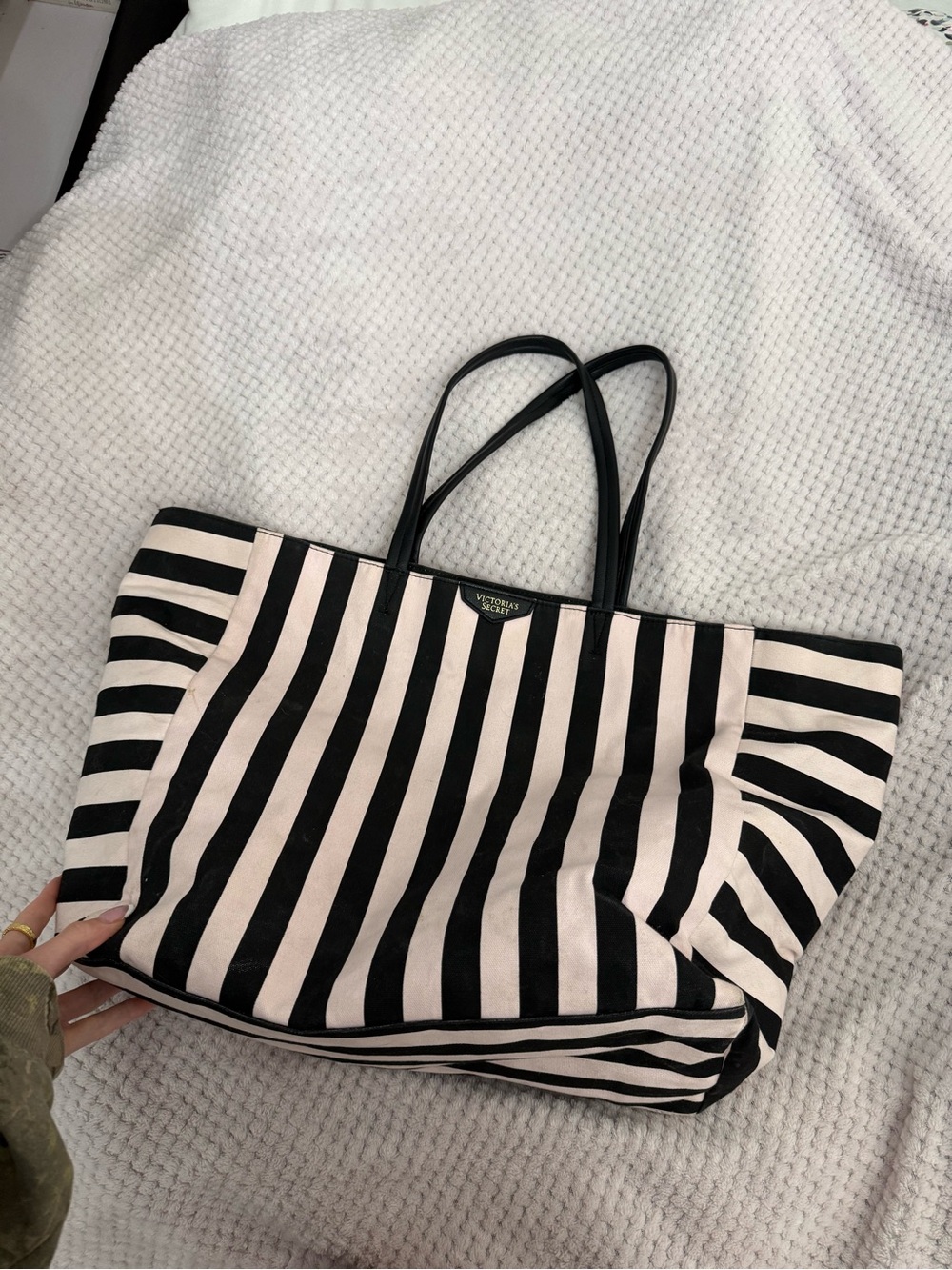 Victoria's Secret Black and Cream Striped Canvas Tote